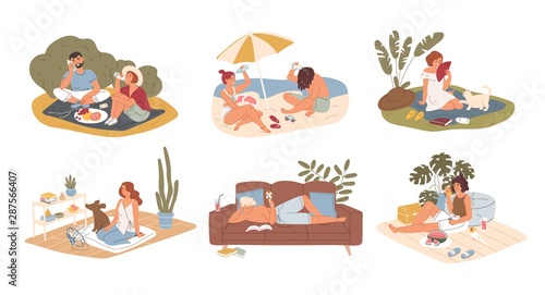 Hot summer outdoor and indoor recreation flat vector illustration set. Couple having picnic in park, sunbathing on sand beach. Man reading book at home. People refreshing from heat characters pack.