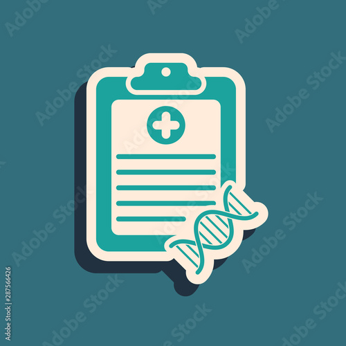 Green Clipboard with DNA analysis icon isolated on blue background. Genetic engineering, genetics testing, cloning, paternity testing. Long shadow style. Vector Illustration