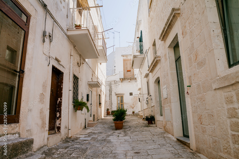 Scenic sight in old town with green plants in Ostuni, Apulia (Puglia), southern Italy.