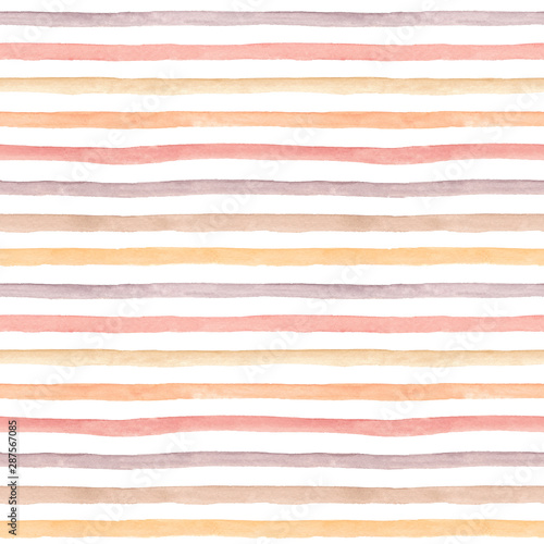 Watercolor hand drawn seamless pattern with abstract stripes in autumn warm colors palette isolated on white background