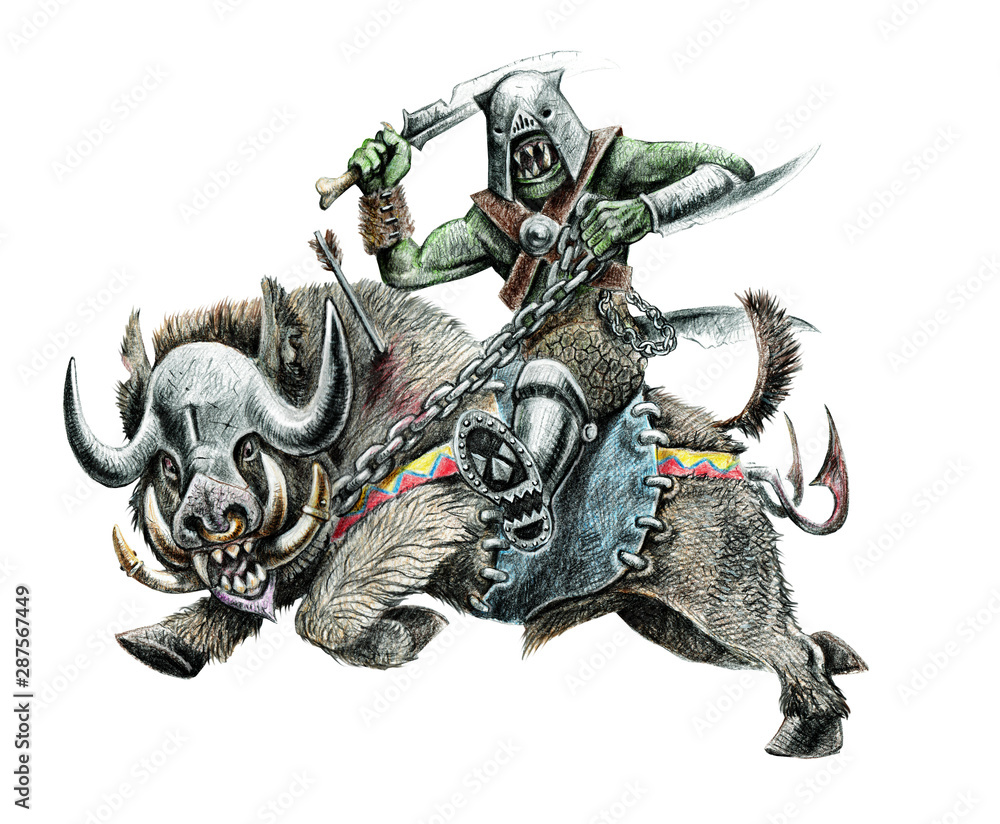 Orc on the boar. Fantasy pencil drawing. Monster creature illustration. Orc on the boar. Fantasy pencil drawing. Monster creature illustration.