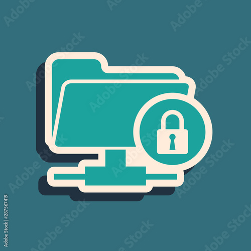 Green FTP folder and lock icon isolated on blue background. Concept of software update, ftp transfer protocol. Security, safety, protection concept. Long shadow style. Vector Illustration