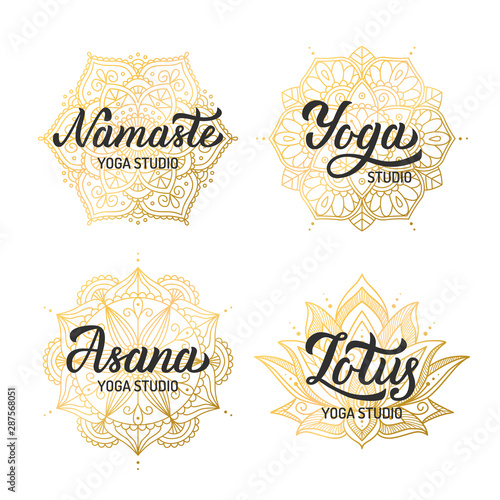 Golden lettering yoga logo set