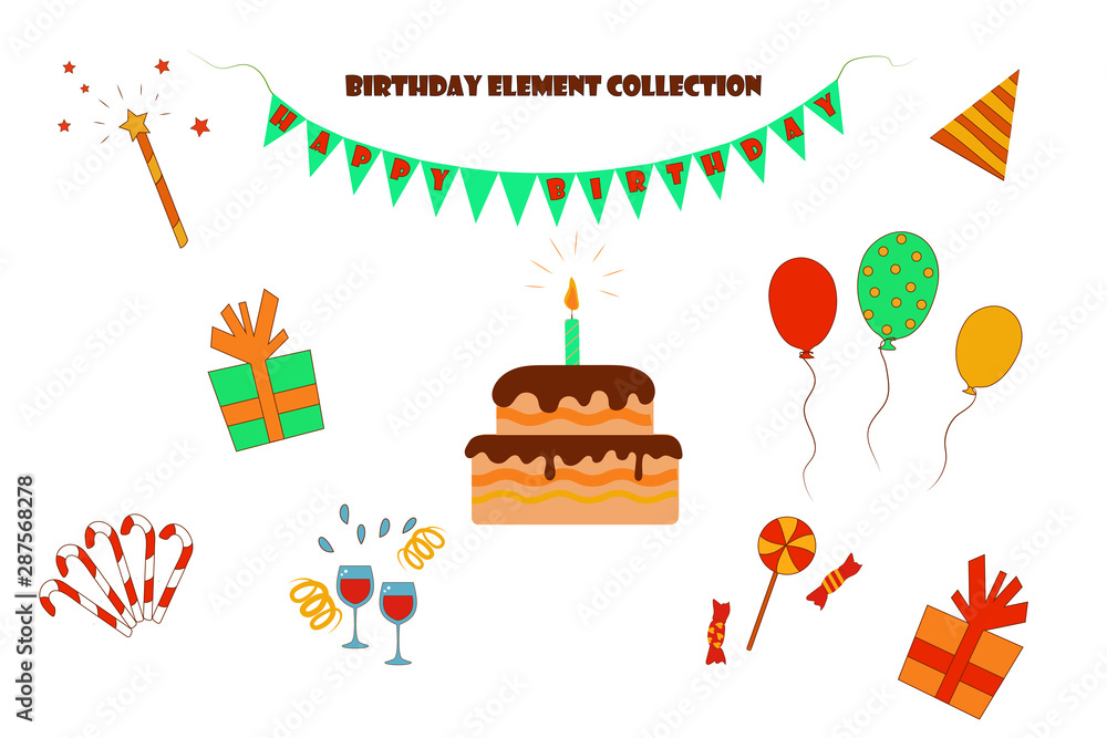 Isolated objects for a birthday. Flat vector. Illustration. The bourgeois, yellow, orange, red and brown colors of the elements. Isolated objects for a birthday. Flat vector. Illustration. The bourgeois, yellow, orange, red and brown colors of the elements.