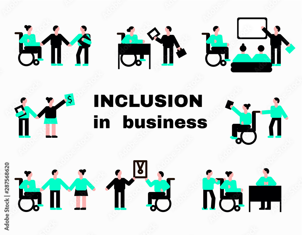 Vector icon set of handicapped man and woman in simple style. Inclusion in business. Perople co working g with disabled in one team. Invalid person involved in social life. Cripple on a wheelchair. Vector icon set of handicapped man and woman in simple style. Inclusion in business. Perople co working g with disabled in one team. Invalid person involved in social life. Cripple on a wheelchair.