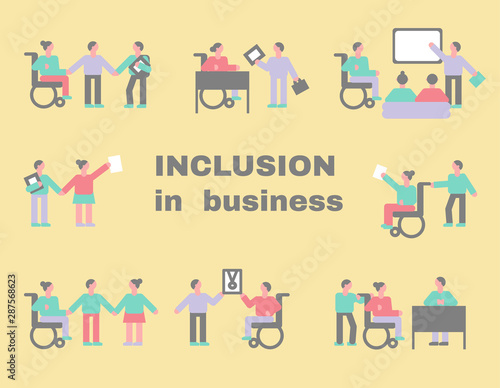Vector icon set of handicapped man and woman in simple style. Inclusion in business. Perople co working with  disabled in one team. Invalid person involved in social life. Cripple on a wheelchair.