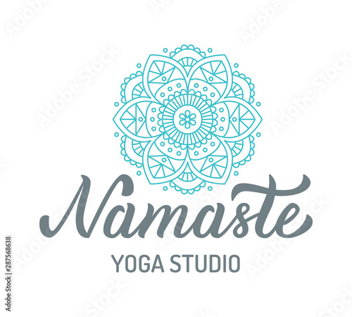 Namaste. Yoga studio logo with mandala isolated on white background. Hand lettering elements. Vector illustration.