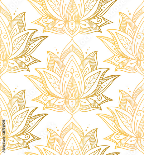 Indian seamless pattern. Golden lotus vector illustration.