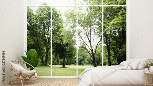 Bedroom and living area on nature view - Bedroom in house or apartment on meadow and forest view background - Interior simple design - 3D Rendering