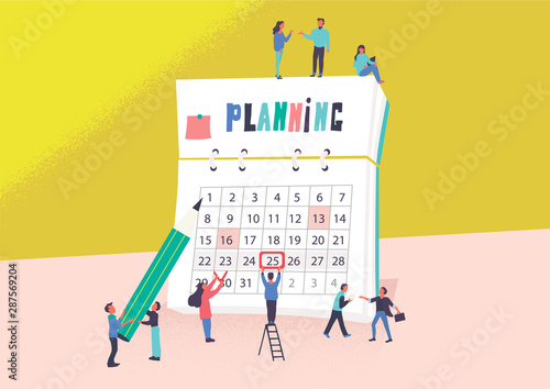 People plan their work schedule. Vector big flat calendar. Man and woman around planner organize time. Timemanagement. Concept business planning. Semi flat design. Working process.