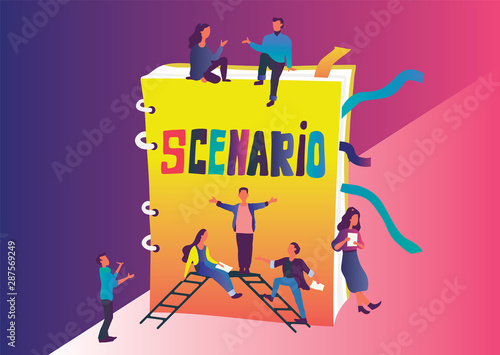 Flat vector illustration of artists and film or drama thater director who teach roles against the background of the scenario. Script reading concept for art project, films, theaters.