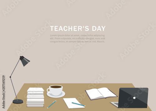 Vector flat illustration of woman in workspace reading a book. Concept world book day. National read a book day. Holiday.  School, university, college worker. Education, knowledge, studing process.
