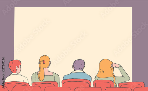 Vector illustration of people who sit in theater chairs and watch movies or spectacle in hand drawn style. Watching drama. Viewers in dramatic theater of cinema. Template for playbill or poster.