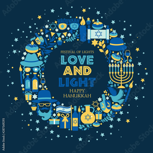 Jewish holiday Hanukkah greeting card traditional Chanukah symbols- dreidels spinning top, donuts, menorah candles, oil jar, star David illustration in wreath. photo