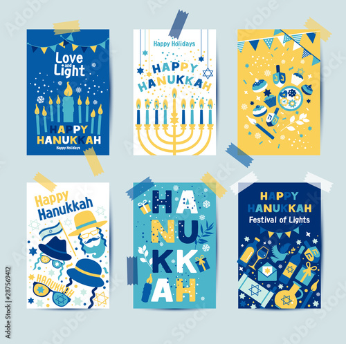 Set of colors six Hanukkah greeting cards with candles, dreidel, Jewish star, oil, menorah, donut, cupcake, confetti, letters. Layout for Festival of Lights invitation, Jewish greeting cards.