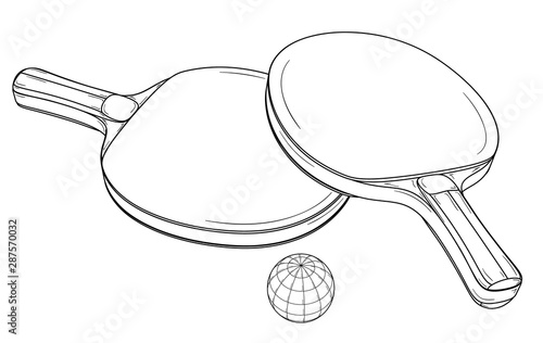 Two table tennis or ping pong rackets and ball.