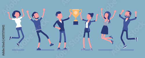 Winner team with business trophy. Happy employees winning on training and coaching competition, corporate championship victory. Vector illustration with faceless characters