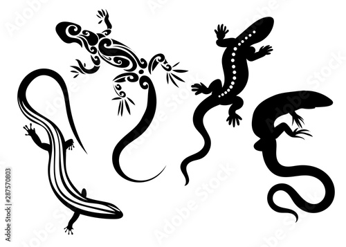 Set of stylized lizard. A collection of decorative lizards. Black white reptile illustration. Vector logo lizards. Tattoo.