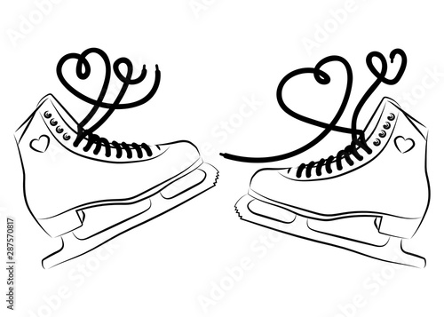 Shoes for figure skating. Black white illustration of ice skates. Winter sport. Linear art. Tattoo.