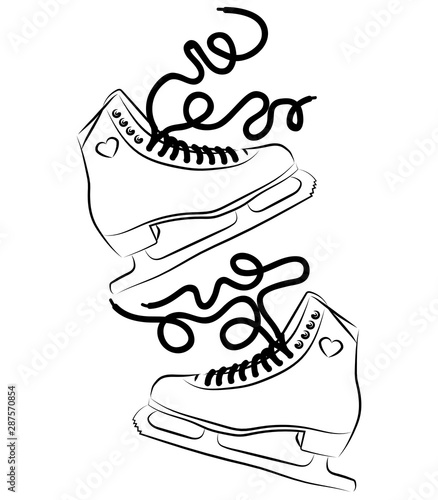 Shoes for figure skating. Black white illustration of ice skates. Winter sport. Linear art. Tattoo.