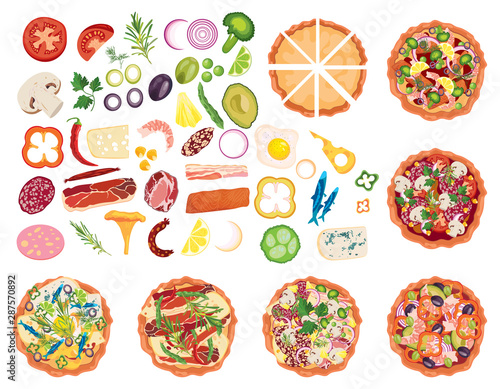Designer for pizza. Design pizza set. Making pizza. Pizza items collection. Cartoon drawing for children. Cooking. Fast food.