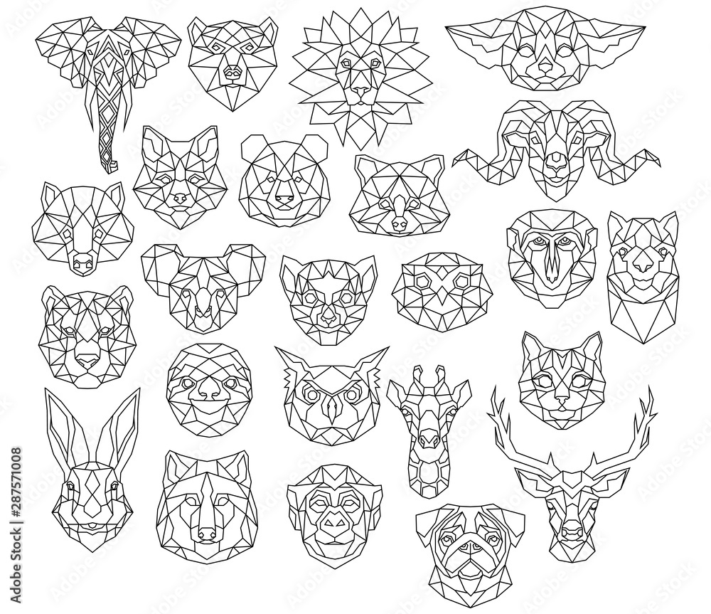 Set of polygonal animal portraits. Collection of geometric animal heads. Black  white illustration. Linear art. Tattoo. Stock Vector | Adobe Stock