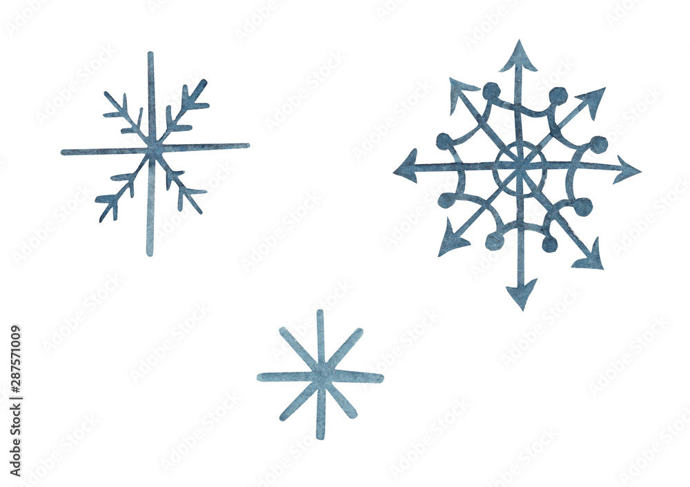 Watercolor hand drawn set of three dark blue snowflakes sign of winter or cold weather, isolated on white background. Watercolor hand drawn set of three dark blue snowflakes sign of winter or cold weather, isolated on white background.