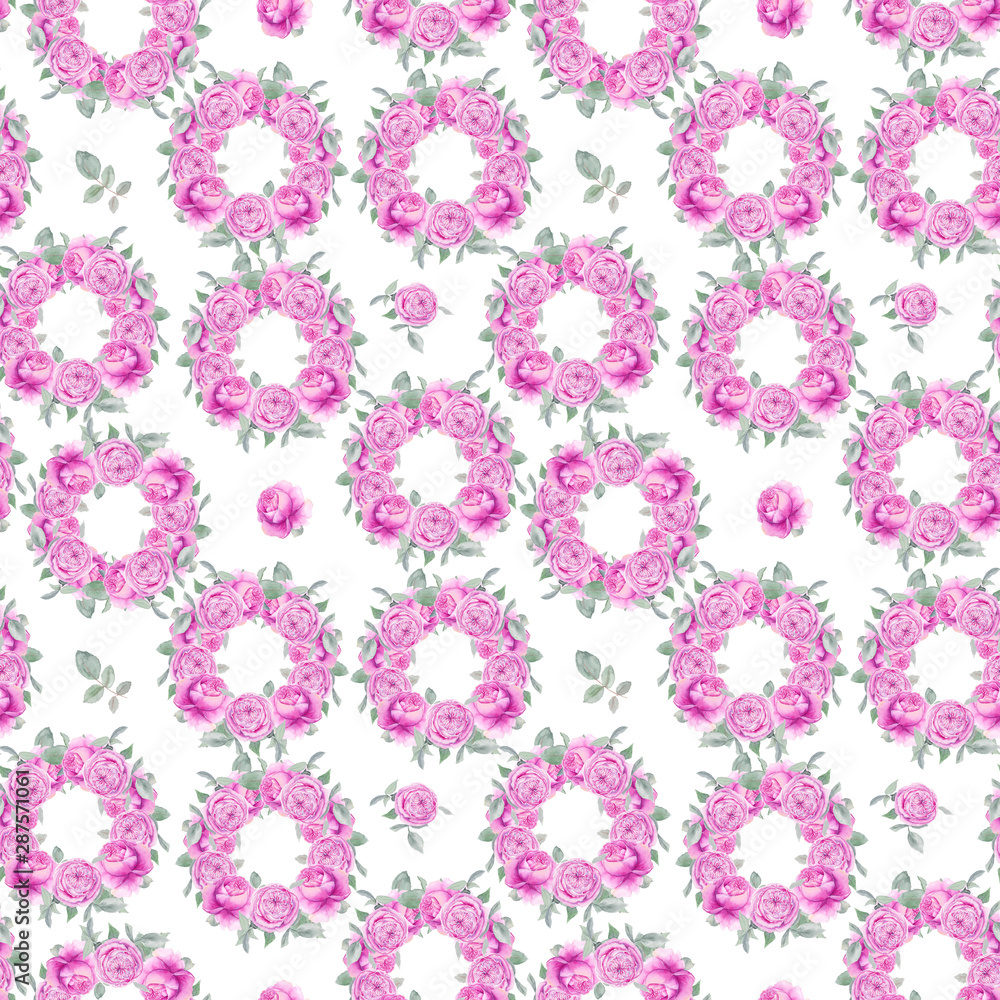 Watercolor hand drawn seamless pattern with pink roses wreath and leaves  isolated on white background. Good for background, wrapping paper, fabric  and other.
