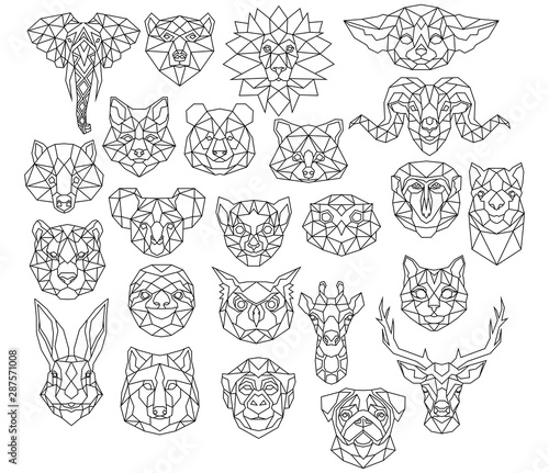 Set of polygonal animal portraits. Collection of geometric animal heads. Black white illustration. Linear art. Tattoo.