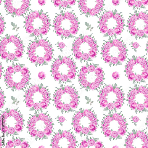 Watercolor hand drawn seamless pattern with pink roses wreath and leaves isolated on white background. Good for background, wrapping paper, fabric and other.