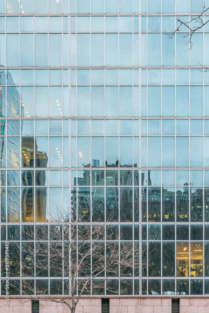 Obraz premium New York City, NY, USA - December, 2018 - Streets of Manhattan, Skyline view reflected like a mirror in a building in front of Bryant Park.