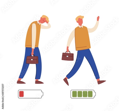 Energetic and exhausted workers vector illustrations set. Happy and unhappy male employee and battery charge indicator. Active and tired boys flat characters. Cartoon clerks and life energy indication