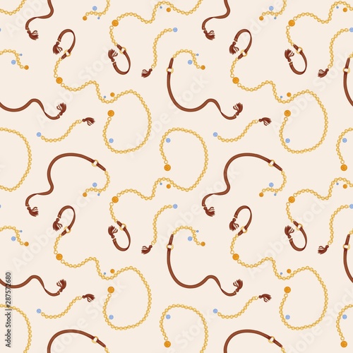 Trendy chain belts vector seamless pattern. Leather tassels with golden metal chain illustration on pastel background. Fashionable female accessory wrapping paper, wallpaper textile design.