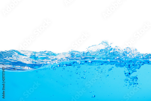 Blue water splashes the shape close up with copy space isolated.
