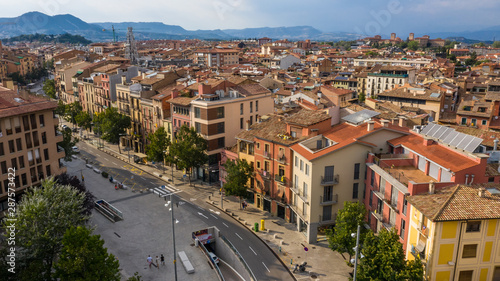Vic Barcelona Province, Catalonia, Spain. Rambla del Passeig. Aerial city view to the mountains.