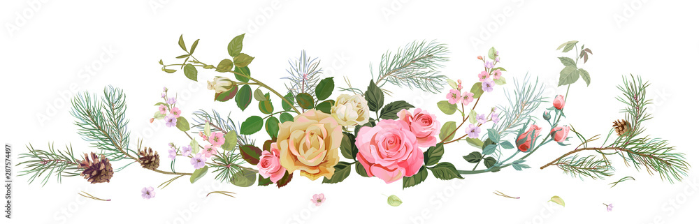 Panoramic view with white, pink roses, spring blossom, pine branches, cones. Horizontal border for Christmas: flowers, buds, leaves on white background, digital draw, watercolor style, vector Panoramic view with white, pink roses, spring blossom, pine branches, cones. Horizontal border for Christmas: flowers, buds, leaves on white background, digital draw, watercolor style, vector