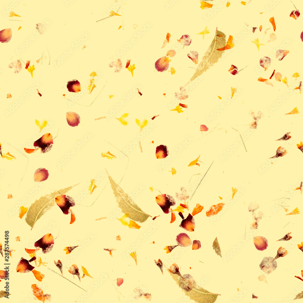 Seamless autumn pattern. A repeat print with dry leaves and petals on a faded yellow background, toned image