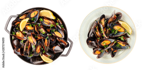 Moules mariniere set. Boiled mussels in a pan and on a plate, isolated on a white background