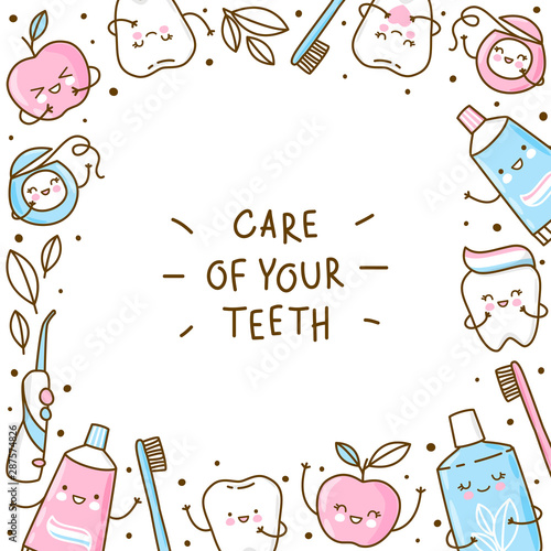 Cute frame with teeth and objects for dental care isolated on white background - funny toothpaste, brush, apple, irrigator, dental floss and mouthwash