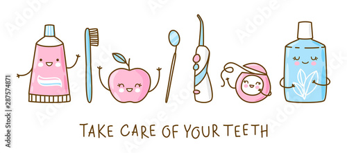 Set of cute objects for dental care isolated on white - funny toothpaste, brush, apple, irrigator,  mirror, dental floss and mouthwash