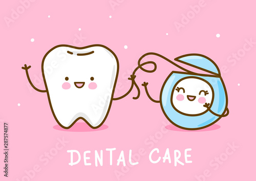 Cute little tooth with dental floss on pink background