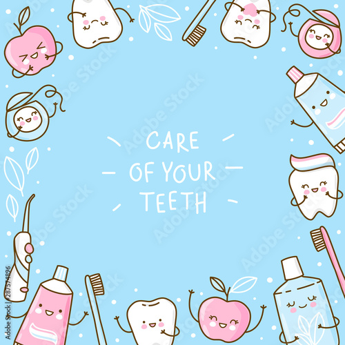 Cute frame with teeth and objects for dental care on blue background - funny toothpaste, brush, apple, irrigator, dental floss and mouthwash