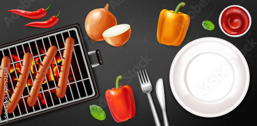 Grill sausage and empty plate Vector realistic. Meat and veggies menu poster....