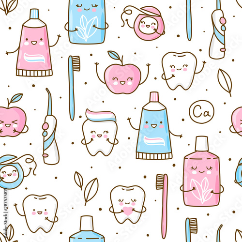 Seamless pattern with cute teeth and objects for dental care isolated on white - funny toothpaste, brush, apple, irrigator,  dental floss and mouthwash