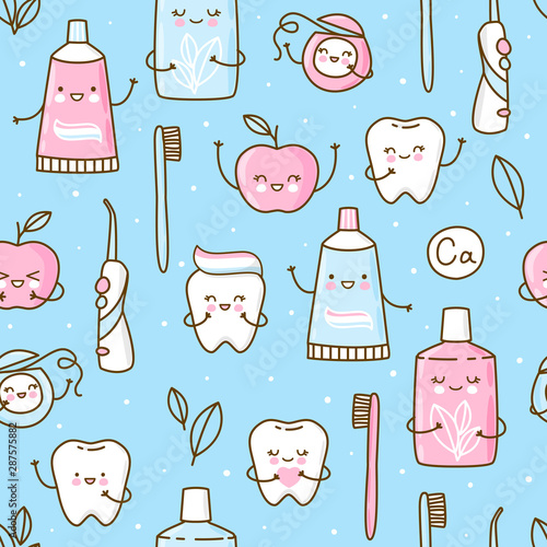 Seamless pattern with cute teeth and objects for dental care on blue background - funny toothpaste, brush, apple, irrigator, dental floss and mouthwash