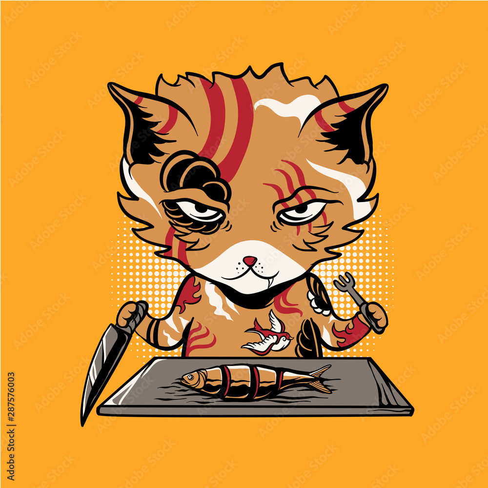 Cat Eating Fish Drawing