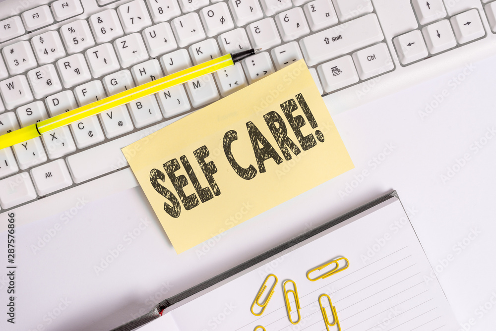 Text sign showing Self Care. Business photo text practice of taking action to preserve or improve ones own health Empty orange square papers by the pc keyboard with copy space Text sign showing Self Care. Business photo text practice of taking action to preserve or improve ones own health Empty orange square papers by the pc keyboard with copy space