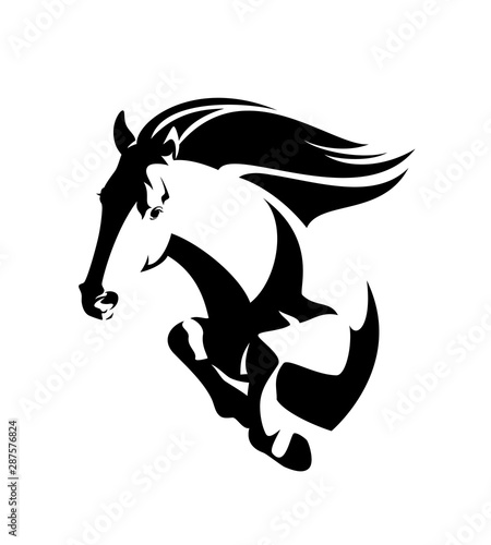 wild mustang horse jumping forward - black and white vector outline of speeding stallion