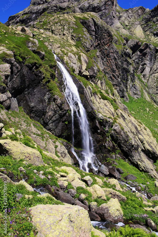 Waterfall near Lake Okhodje (2543 m). The Caucasus Waterfall near Lake Okhodje (2543 m). The Caucasus