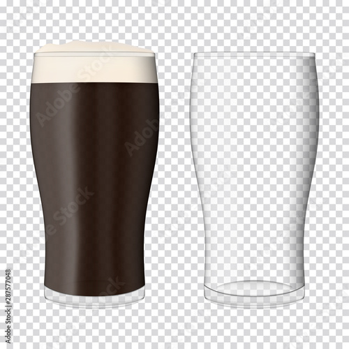 Two beer realistic glasses. One empty glass and glass full with dark beer. Fully transparent.